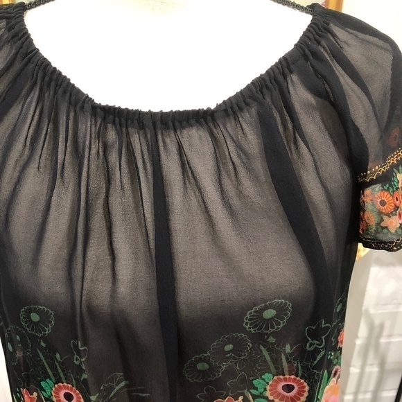 Anthropologie FEI Hibiscus Floral Pattern Sheer Silk Black Peasant Blouse M - Picture 5 of 11